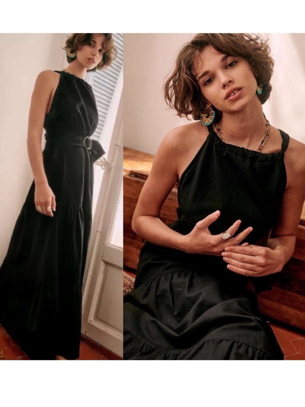 SEZANE NWT Black Linen Sleeveless Tie Bow Back Linen Maxi Dress Nastasia Dress